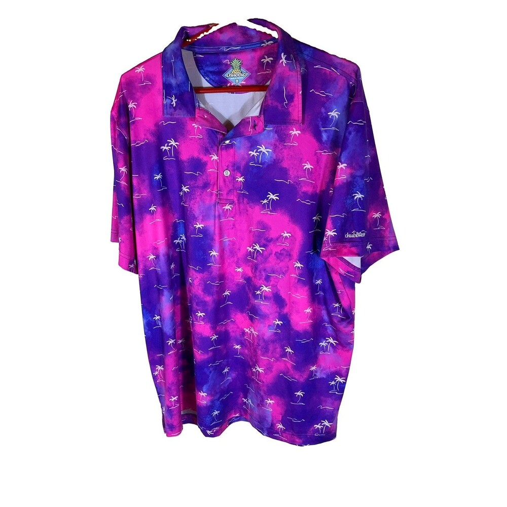 Chubbies XL Palm Tree Sunset Golf Polo Shirt Purple Pink Party Shirt Men's